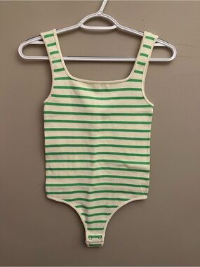 By Together Cream and Green Ribbed Stripe Tank Bodysuit